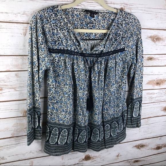 Lucky Brand floral 3/4 sleeve tassels vneck top - Picture 2 of 8